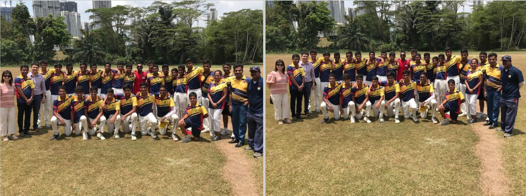 Two group photos of a cricket team in yellow and navy uniforms posing on a grass field with trees and buildings behind.